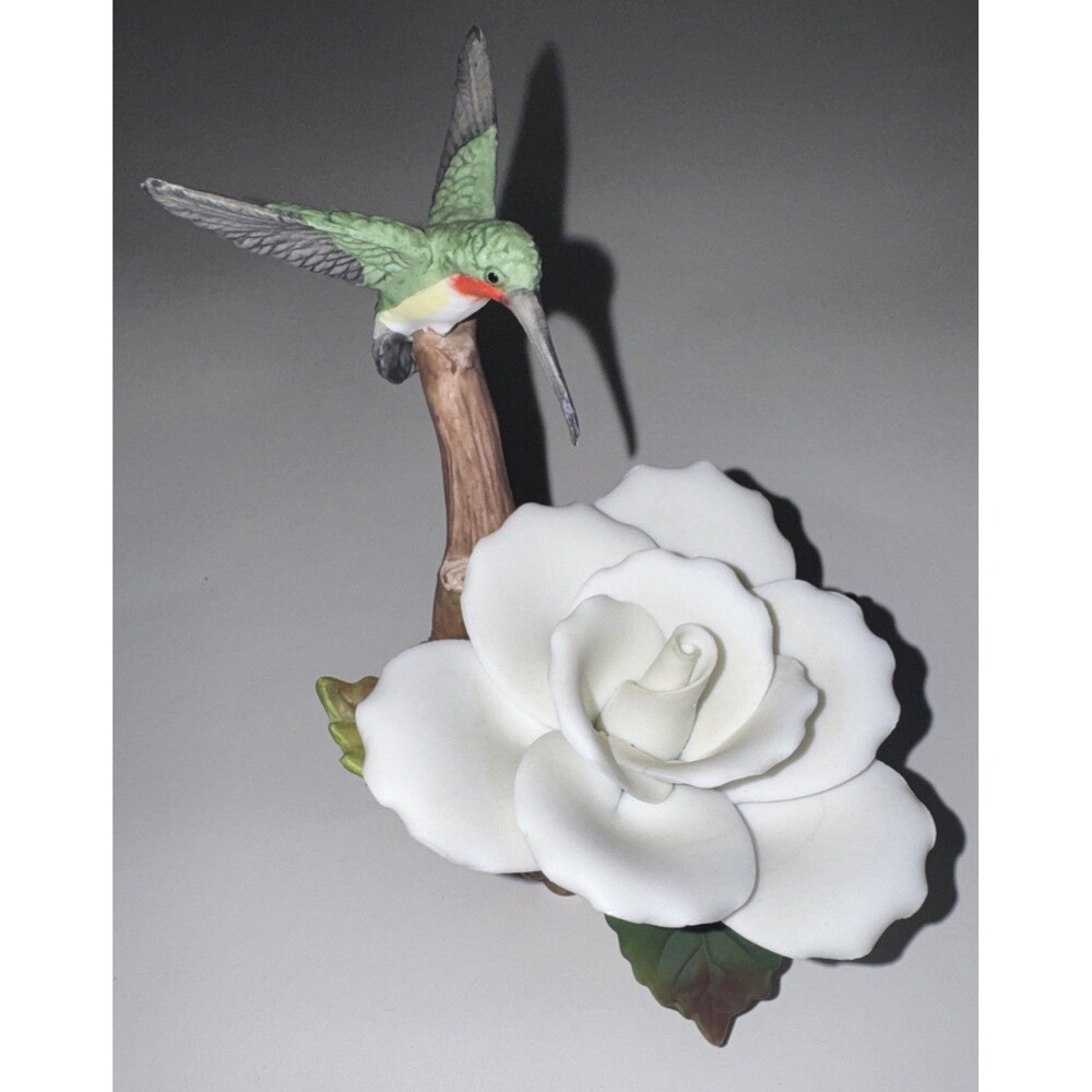Vtg. Meico Hummingbird White Rose Porcelain Figurine Taiwan Rare Exc. Condition